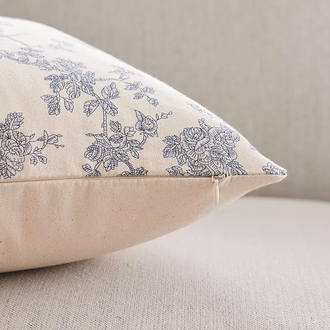 100% Cotton French Pastoral Throw Pillow Covers Set of 2, 20x20 Inch Blue Farmhouse Decorative Cushion Covers for Sofa Bed Living Room Home Decor