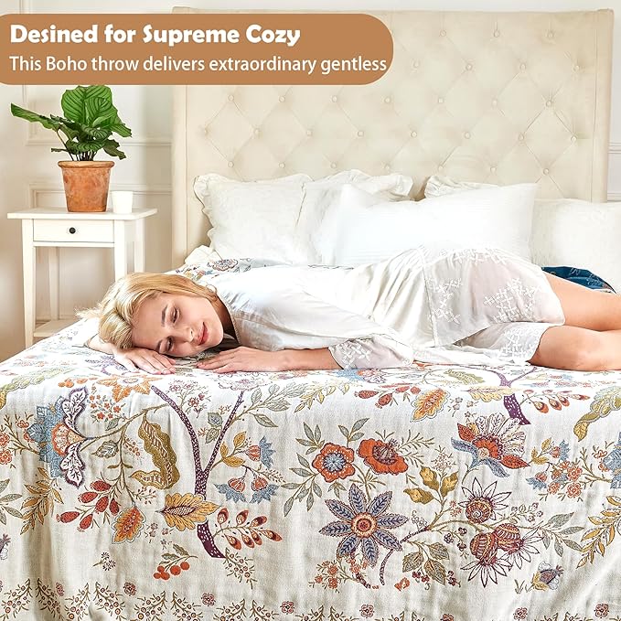 Boho Throw Blanket, 100% Organic Cotton Breathable Skin-Friendly Ultra Soft Bed Quilt Throw - All Season Floral Farmhouse Décor Luxury Blanket for Sofa Couch Chair and Gift. 80" x 90"