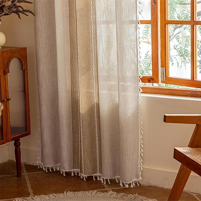 Sutuo Home Boho Curtains 72 inches Long for Bedroom Living Room,Bohemian Embroidery Vintage Chic Light Filtering Farmhouse Tassels Privacy Window Treatment Decor, Rod Pocket 1 Panel 52" W, Khaki Linen