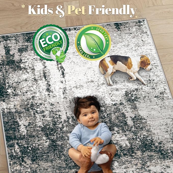 9x12 Area Rugs Washable Rug, Soft Modern Abstract Rugs for Living Room Large Low Pile Thin Rug Non Slip Indoor Neutral Carpet for Bedroom Dining Room Farmhouse Office Kids Playroom Black Grey Gold