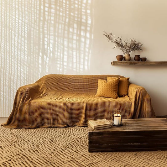 Extra Large %100 Cotton Waffle Couch Cover - Perfect for L-Shape, U-Shape & Sectional Sofas, Washable Couch Cover, Oversize Sofa Cover, 3, 4 Seater Slip Cover (Cinnamon, 91x181 inches - 230x460 cm)