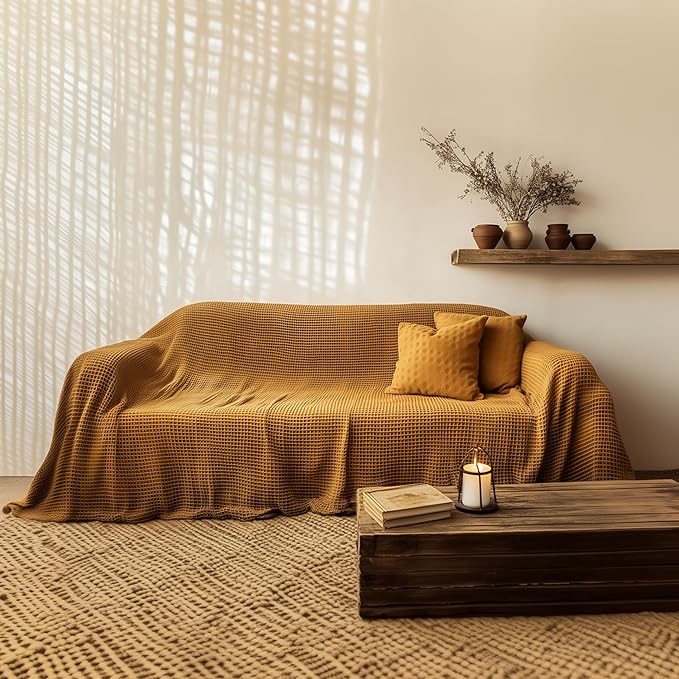 Waffle%100 Cotton Couch Cover - Perfect for L-Shape, U-Shape & Sectional Sofas, Washable Couch Cover, Extra Large Sofa Cover, 3, 4 Seater Slip Cover (Cinnamon, 71x118 inches - 180x300 cm)