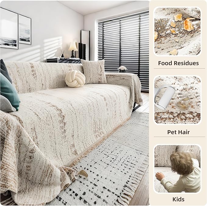 Couch Cover for 2-3 Cushion Couch, Reversible Boho Couch Covers Chenille Sofa Slipcover, Comfortable- Machine Washable, Soft Sofa Furniture Protector for Pets and Kids, 71''x118'', Khaki