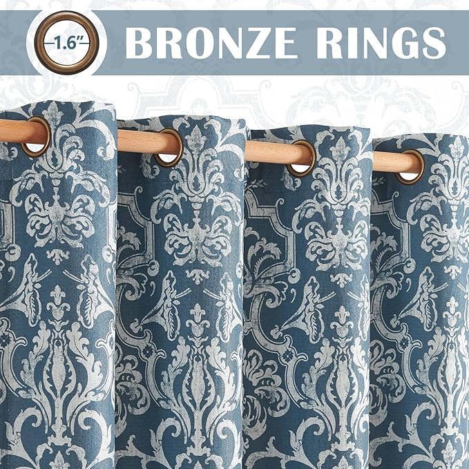 jinchan Room Darkening Curtains for Bedroom Blue Damask Patterned Curtains 63 Inch Length for Living Room Linen Textured Vintage Drapes Medallion Window Treatments Grommet Top 2 Panels Set