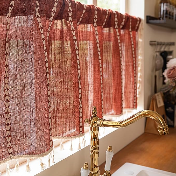 Sutuo Home Boho Valance Short Curtains For Windows Tier, Bohemian Linen Tassles Light Filtering Vintage French Country Window Treatment Fall Curtain Drape, Rod Pocket 1 Panel 52" W x 18" L, Terracotta