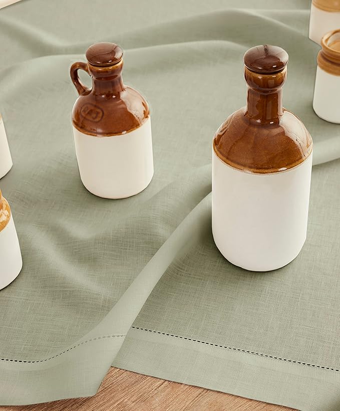 Solino Home Sage Green Linen Tablecloth 52 x 52 Inch - 100% Pure Linen Square Table Throw - Classic Hemstitch, Machine Washable Table Cloth for Fall, Autumn, Thanksgiving, Christmas, Winter