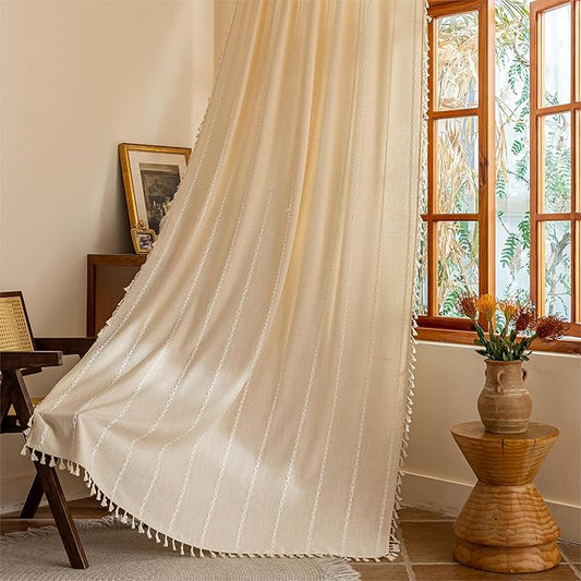 Sutuo Home Boho Curtains for Living Room, Semi Blackout Linen Farmhouse Shabby Chic Tassels Window Treatment Bohemian Embroidery Drape for Halloween Decor, Rod Pocket 1 Panel 52" W x 90" L, Champagne