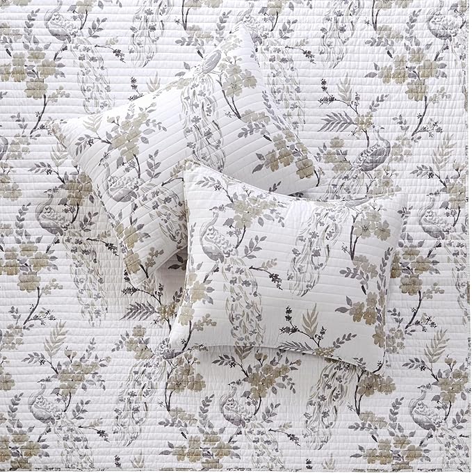 Levtex Home Pisa Reversible Queen Bedspread Set (110x106in) with 2 Pillow Shams (26x20in) - Floral Peacock - Grey, Taupe - Cotton Queen Size Bedspread Set - Lightweight, Soft, Pre-Washed