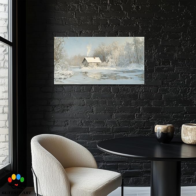 GUTTATY Christmas Winter Scene Canvas Wall Art, Cozy Cabin Snow Landscape Canvas Prints, Tranquil Forest Wall Painting, Serene Winter Pictures Poster for Living Room, Bedroom, Office Decor, 48x24 Inch