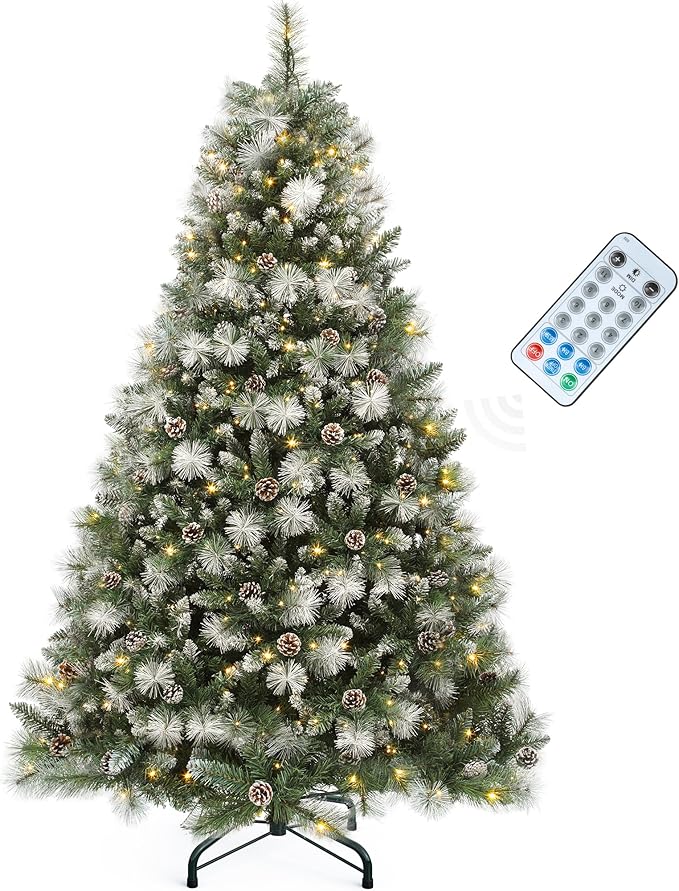 YITAHOME 9ft Prelit Scotch Pine Christmas Tree with Remote Control, Pre-Decorated Frosted Christmas Tree with Pine-Cones & Needles, Warm White/Multicolor Changing Lights for Home/Office
