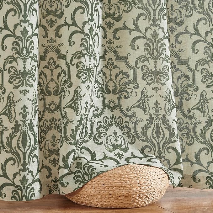 jinchan Extra Linen Curtains for Living Room Moss Green Damask 108 Inches Long for Bedroom Light Filtering Vintage Curtains 9FT Long for Drapes Grommet Window Treatments 2 Panels Set
