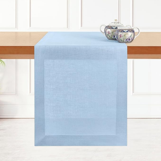 D'Moksha Homes Linen Powder Blue Table Runner 90 Inches Long - 100% Pure Linen 14 x 90 Inch Table Runner for Dining, Winter, Christmas, Holiday - Machine Washable