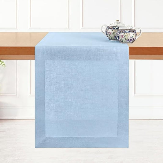 D'Moksha Homes Linen Powder Blue Table Runner 90 Inches Long - 100% Pure Linen 14 x 90 Inch Table Runner for Dining, Winter, Christmas, Holiday - Machine Washable