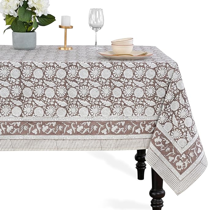 CPC Rustic Brown Tablecloth 100% Cotton 80x120 Inch Indian Block Print Rectangle Table Cover, Table Cloth for Gifting in Weddings, Halloween, Fall, Christmas, Thanksgiving