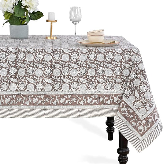 CPC Rustic Brown Tablecloth 100% Cotton 80x120 Inch Indian Block Print Rectangle Table Cover, Table Cloth for Gifting in Weddings, Halloween, Fall, Christmas, Thanksgiving