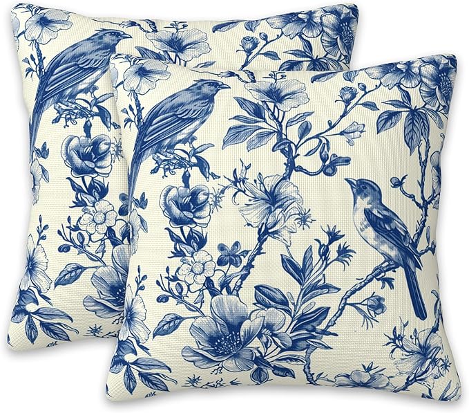 Blue Bird and Flowers Pillow Covers 18X18 Set of 2, Vintage Toile Wild Floral Decorative Throw Pillow Covers, Pillowcase Cushion Case for Home Sofa Couch Indoor Outdoor Decorations