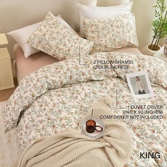ECOCOTT Floral Duvet Cover King Size – 3 Piece 100% Washed Cotton Bedding Set with Zipper Closure, Soft Lightweight Breathable Botanical Print Comforter Cover for Spring Summer Bedroom Decor