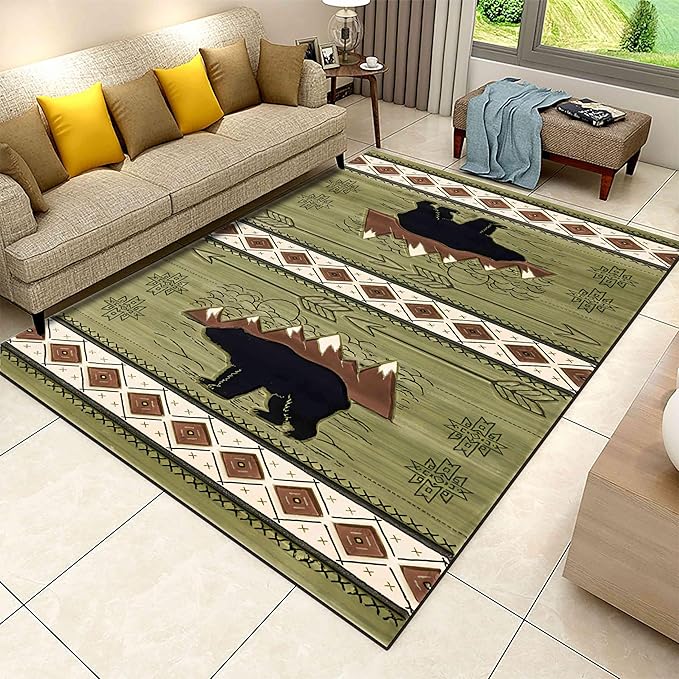 Rustic Cabin Area Rug, 4x5ft, Western Country Wildlife Bear Floor Carpet, Vintage Boho Geometric Pattern Green Rugs, Soft Non Slip Low Pile Carpet for Living Room Bedroom Office