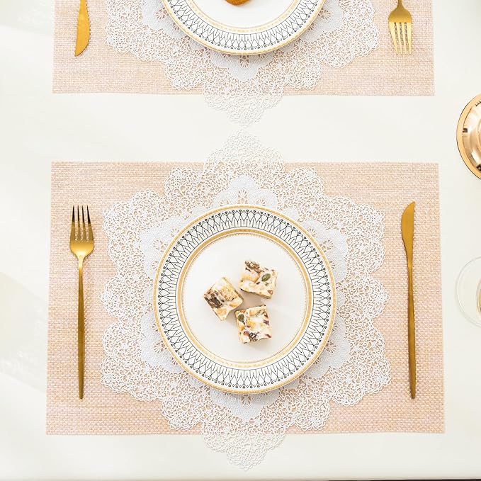 BACKTOEDEN Placemats Set of 6 Heat Resistant Washable Wipeable Placemat Woven Non-Slip Foldable Vinyl/Plastic Place Mats Indoor/Outdoor Mat Kitchen Dining Table Pad, White Snowflake & Pink