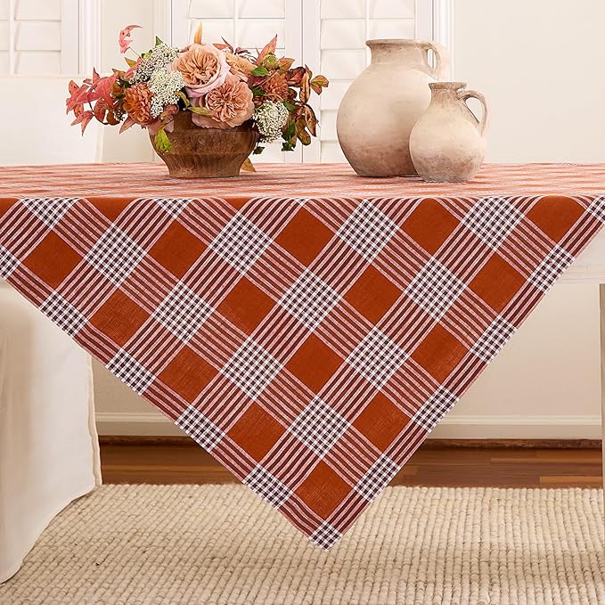 Solino Home Linen Plaid Tablecloth 52 x 52 Inch - 100% Pure Linen Glen Check Nutmeg Table Throw - Machine Washable Square Table Cloth for Fall, Autumn, Thanksgiving, Holiday