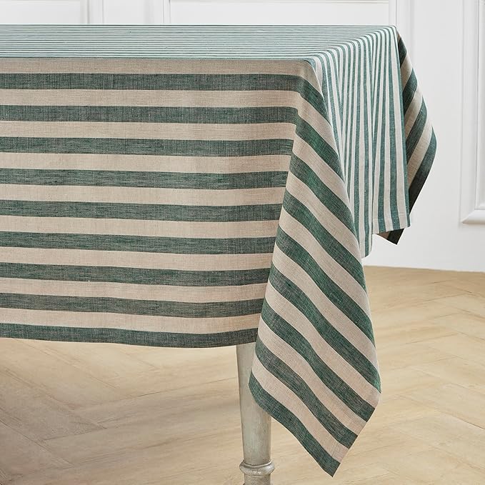 Solino Home Linen Tablecloth 60 x 120 Inch - Sorrento Stripe 100% Pure Linen Hunter Green and Natural Table Cloth for Rectangle Tables - Machine Washable Tablecloth for Thanksgiving, Christmas