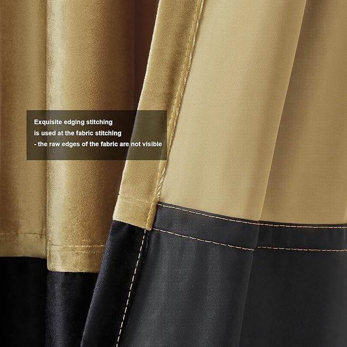 Velvet Curtains 84 inches Long for Living Room Gold Black,2 Panels Blackout Curtains Modern Color Block Back Tab Rod Pocket Soundproof Drapes for Bedroom Window Decor