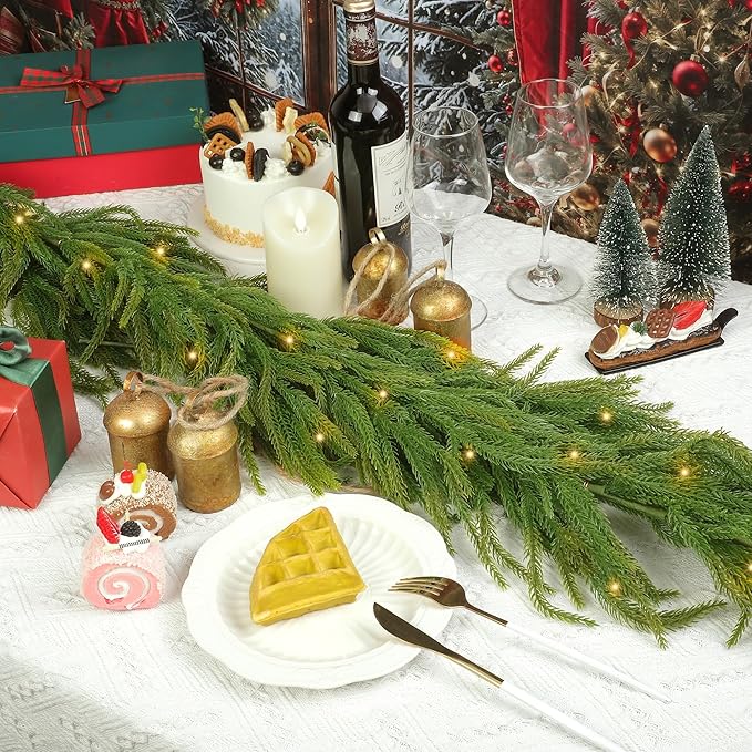 Fovths 1 Pack 6 Feet Christmas Norfolk Garlands Set Artificial Faux Greenery Garland 4 Cow Bell with Jute Hanging Rope Light String Winter Pine Garland for Xmas Indoor Holiday Decor, Green
