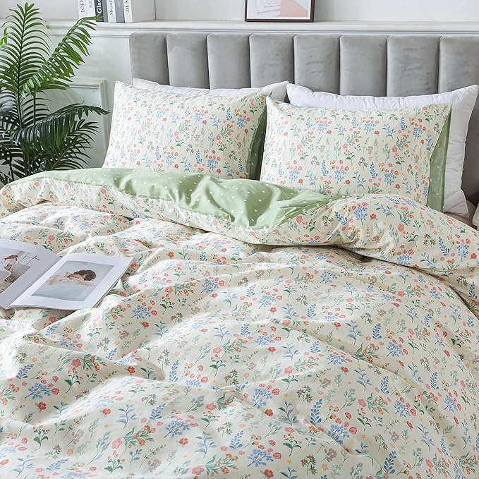 HoneiLife Duvet Dover Queen Size - 100% Cotton Bedlinen Set, Floral Comforter Cover with Zipper Closure & Corner Ties, 3-PC Wildflower Comforter Cover Sets