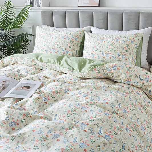 HoneiLife Duvet Dover Queen Size - 100% Cotton Bedlinen Set, Floral Comforter Cover with Zipper Closure & Corner Ties, 3-PC Wildflower Comforter Cover Sets