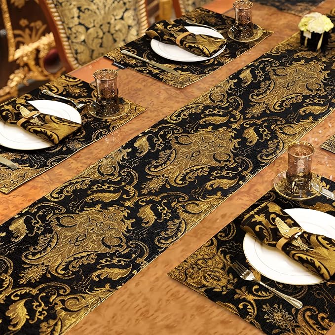 Loom and Mill Luxury Chenille Table Runner 120 Inches Long, Black Damask Jacquard Table Runners with Multi-Tassels for Halloween Dining Room Dresser Party Holiday Banquet Decorations(Black,13*120inch)
