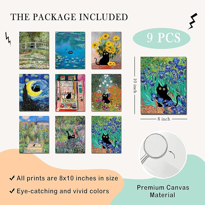 Funny Black Cat Poster Set of 9, Vintage Monet Matisse Van Gogh Black Cat Wall Art Prints, Retro Black Cats in Famous Paintings Posters Prints, Cute Colorful Cats Aesthetic Pictures Wall Decor for Bathroom Bedroom Dorm Home Decor (8x10 UNFRAMED)