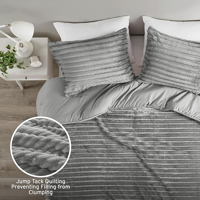 Intelligent Design Queen Comforter Set, Cozy Plush Bedding, Microfiber Reverse, 3 Piece, Lightweight, Super Soft Ribbed Velvet Comforter 2 Shams, All Season Fluffy Bed Set, Avril, Full/Queen Grey