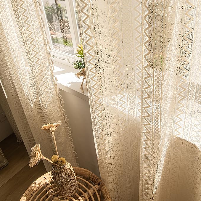 Sutuo Home 2 Panels Boho Curtains 63 Inches Length for Bedroom, Window Treatments Bohemian Sheer Crochet Lace Vintage Cotton Drapes Pair, Beige Wave Knitted with Handmade Tassels Rod Pocket, 52" x 63"
