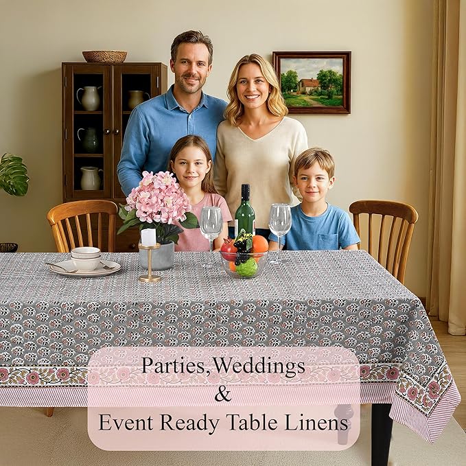 CPC Tablecloth 100% Cotton 72x160 Inch Indian Block Print Rectangle Table Cover, Gray Pink Table Cloth for Weddings, Spring/Summer, Barbeque - Labra Gray