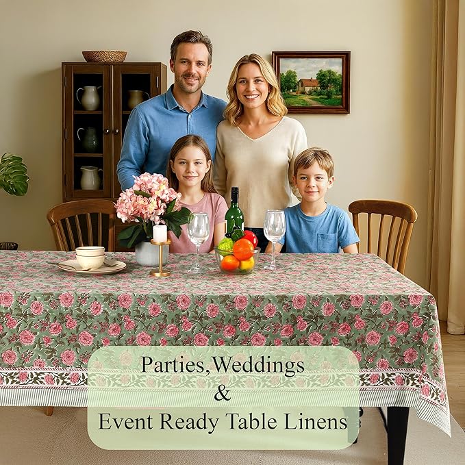 CPC Tablecloth 100% Cotton 60x90 Inch Indian Block Print Rectangle Table Cover, Washable Table Cloth for Weddings, Spring/Summer, Barbeque - Pink Tourmaline