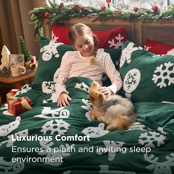 Bedsure Fluffy Christmas Duvet Cover Set - Ultra Soft Plush Shaggy Comforter Cover Twin Size, Warm Flannel Fleece Bed Sets for Winter, 2 Pieces, Gingerbread Man Pattern, Green