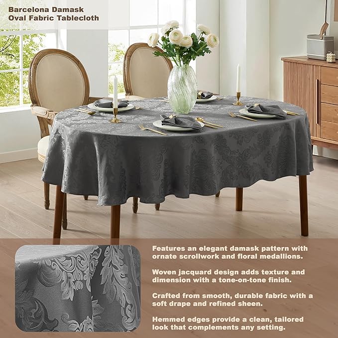 Newbridge Barcelona Damask Fabric Tablecloth, 60 x 84 Inch Oval, Grey – No Iron, Soil Resistant Table Cover for Dining, Parties and Holidays