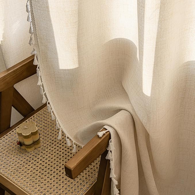 Sutuo Home Ivory Boho Curtains 108 Inches Long, Bohemian Linen Style Textured Curtains with Tassels for Living Room, Semi Blackout Farmhouse Drapes, Rod Pocket Window Treatments 2 Panels, 52" x 108"