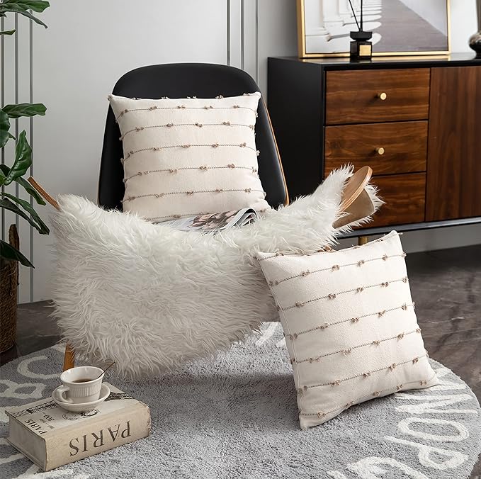 Caflife Boho Throw Pillow Covers 22x22 inches Beige and Natural Linen, Set of 2 Modern Farmhouse Decorative Pillow Covers for Couch Bed, Living Room