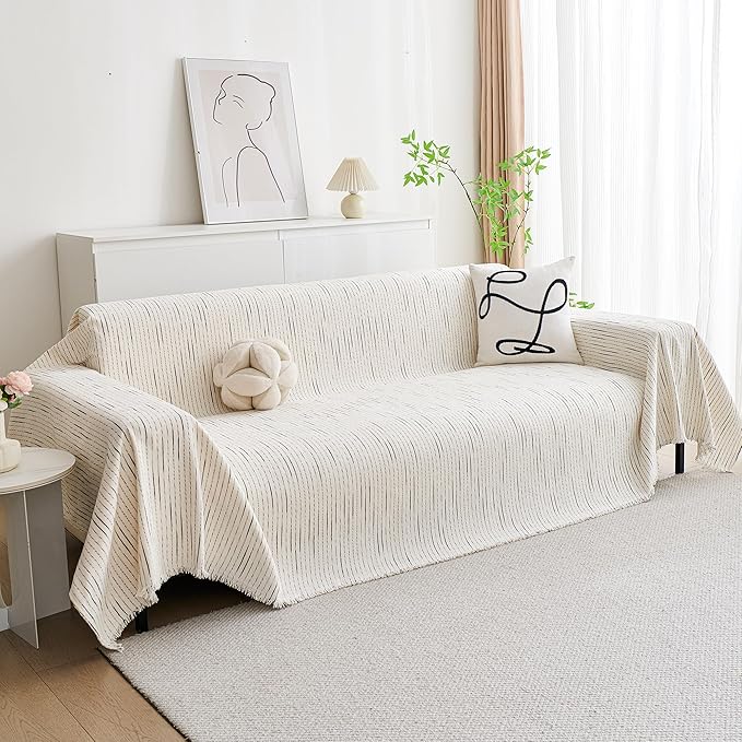MYSKY HOME Sectional Couch Cover, Beige Lines Sofa Covers for Sectional Sofa L Shape Chenille Couch Protector for Dogs Pets Couch Throw Cover Washable Durable for Home Decor, 71" X118"