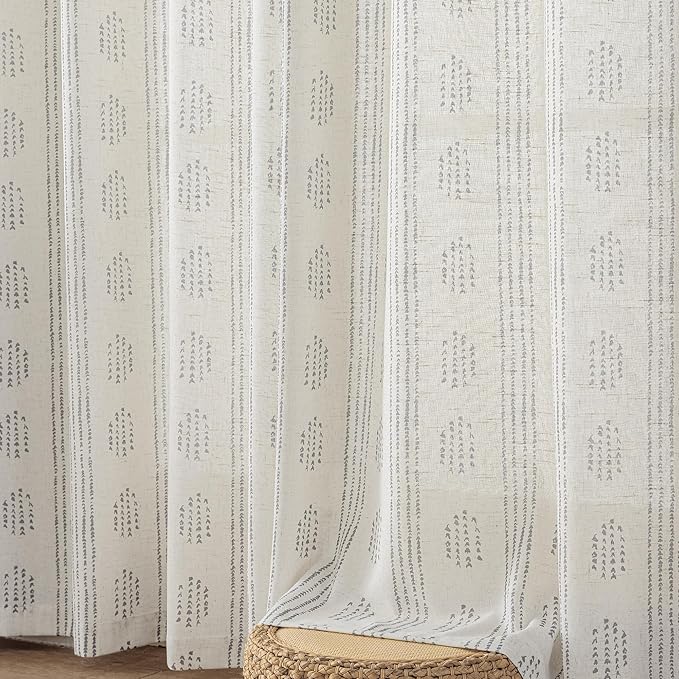 Boho Linen Curtains for Bedroom Living Room Grey Farmhouse Boho Curtains 72 Inches Long Geometric Striped Patterned Mudcloth Grommet Top Light Filtering Window Drapes 2 Panels Gray on Beige