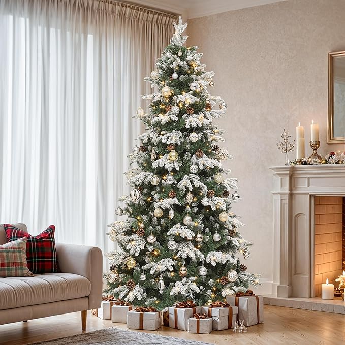 YITAHOME 6FT Prelit Christmas Tree with Remote Control, Hinged Artificial Pre-Decorated Tiered Flocked Christmas Tree w/ 900 PE & PVC Mixed Frosted Tips, 29 Pinecones, w/ 11 Lighting Modes & 3 Timers