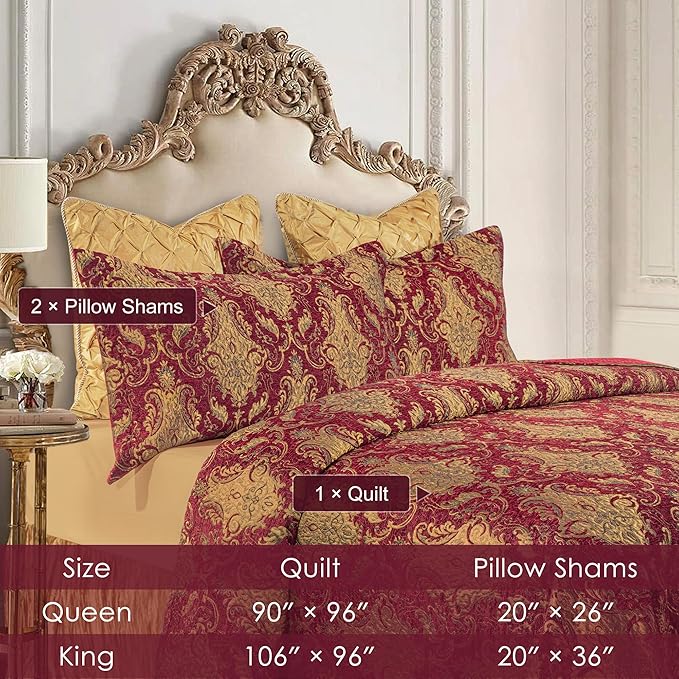 Loom and Mill Luxury Quilt Set 3 Piece, Classic Damask Quilted Bedspread Queen Size with 2 Shams, Soft Lightweight Jacquard Bedding Coverlet Set for Christmas All Season (Red, Queen)