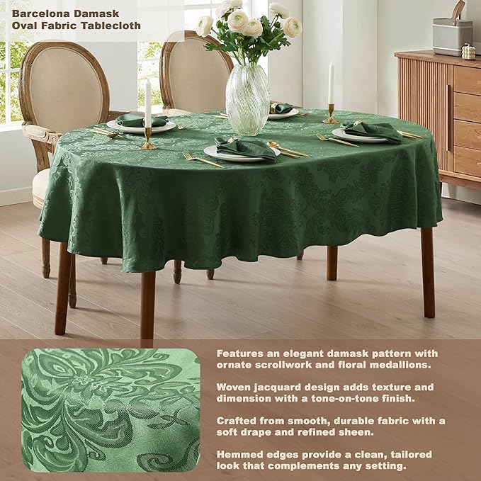 Newbridge Barcelona Damask Fabric Tablecloth, 60 x 84 Inch Oval, Hunter Green – No Iron, Soil Resistant Table Cover for Dining, Parties and Holidays