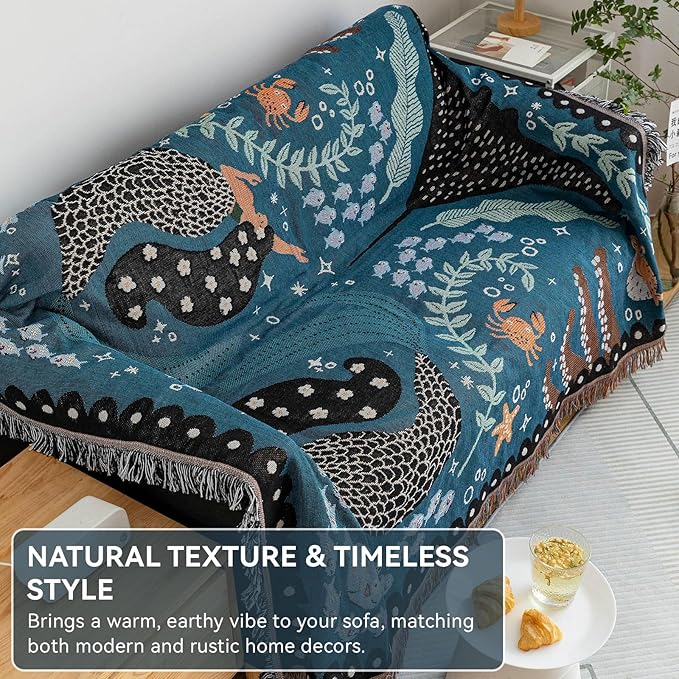VClife Cute Couch Cover Sofa Covers for Dog, Non Slip Couch Covers for 2 Cushion Couch Sofa, Sea Fish Shark Mermaid Pattern Couch Slipcover for 2 Seater, Soft Cotton Linen Sofa Protector, 71"X118"