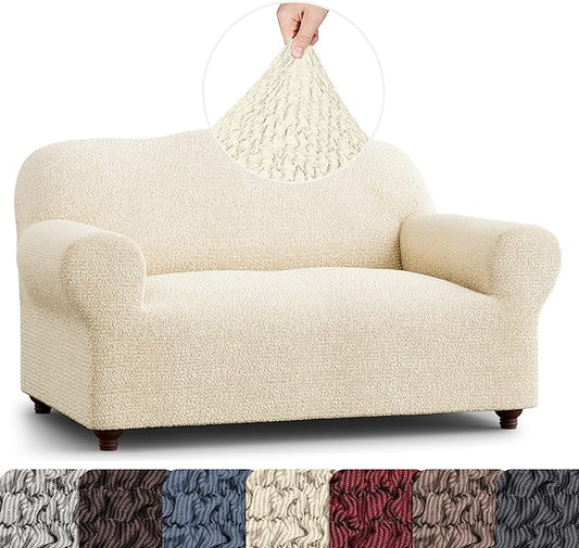 PAULATO BY GA.I.CO. Loveseat Slipcover - Stretch Couch Cover - Cushion Love Seat Sofa Cover - Soft Polyester Fabric Slipcover - 1-Piece Form Fit Washable Protector - Mille Righe Collection - Cream