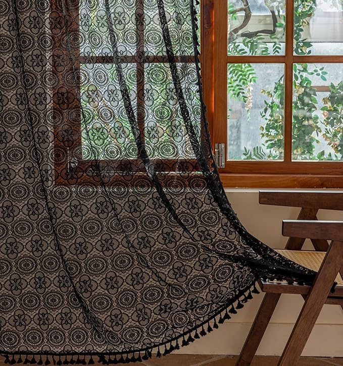 Black Lace Curtains Gothic 84 Inches Long Dark Bohemian Tassel Curtains Vintage Halloween Goth Sheer Curtain for Living Room Bedroom Privacy Witchy Gothic Victorian Décor 2 Panels W59 x L84 Black