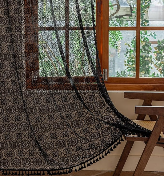 Black Lace Curtains Gothic 84 Inches Long Dark Bohemian Tassel Curtains Vintage Halloween Goth Sheer Curtain for Living Room Bedroom Privacy Witchy Gothic Victorian Décor 2 Panels W59 x L84 Black