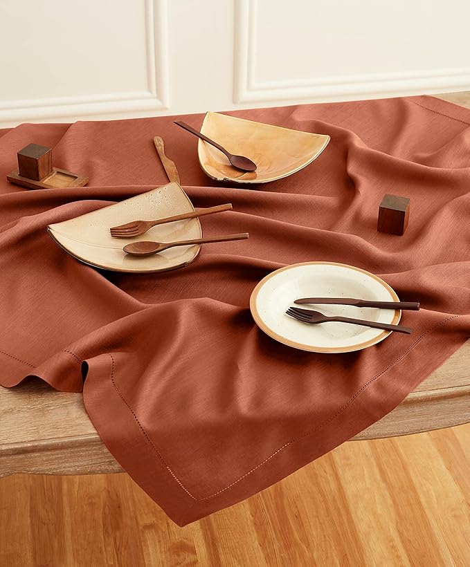 Solino Home Linen Cinnamon Tablecloth 52 x 52 Inch - 100% Pure Linen Square Table Throw - Classic Hemstitch, Machine Washable Table Cloth for Fall, Autumn, Thanksgiving