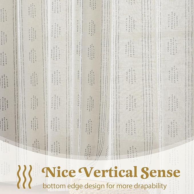 Boho Linen Curtains for Bedroom Living Room Grey Farmhouse Boho Curtains 96 Inches Long Geometric Striped Patterned Mudcloth Grommet Top Light Filtering Window Drapes 2 Panels Gray on Beige
